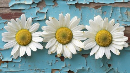 Obraz premium Three Daisies on Rustic Blue Weathered Wood Background Floral Spring Summer Nature Photography