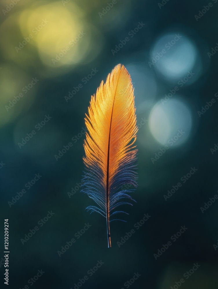 Poster vibrant close-up of a single peacock feather showcasing its stunning hues and intricate patterns in 