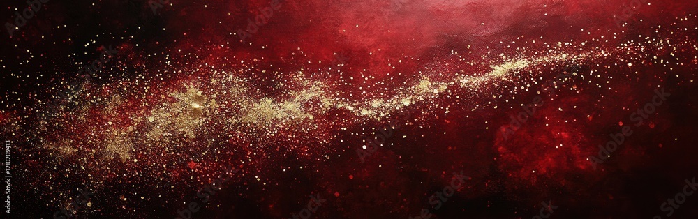 Poster deep crimson and gold sparkles create a mesmerizing cosmic display in a shadowy expanse