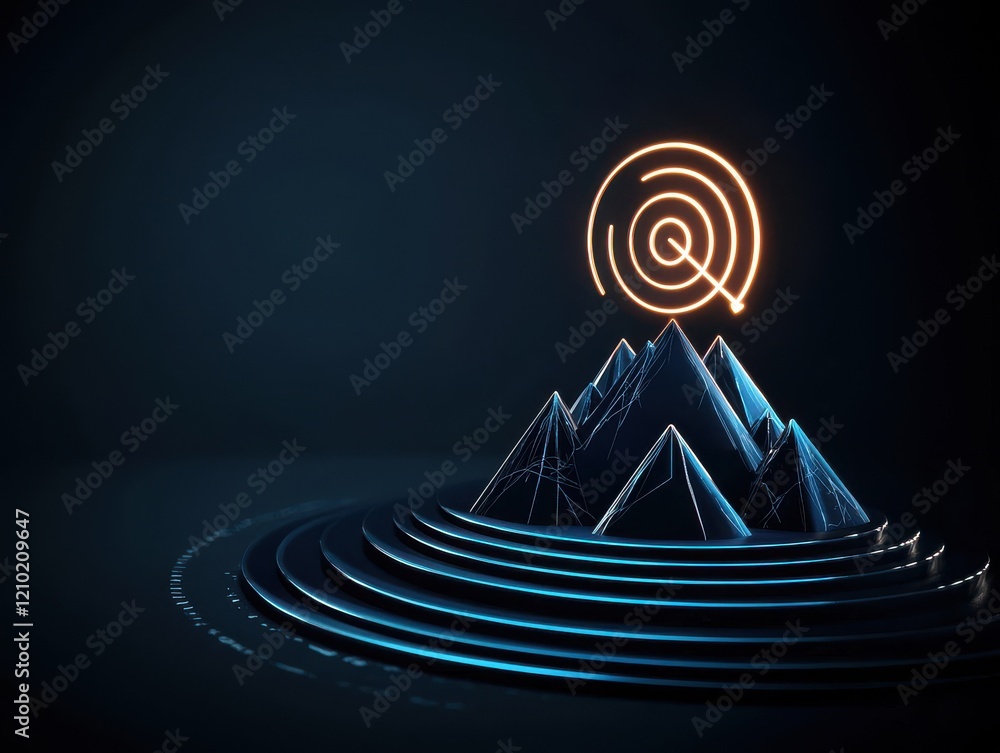 Poster a stylized mountain range with glowing circular patterns and a light signal emanating from the peak,