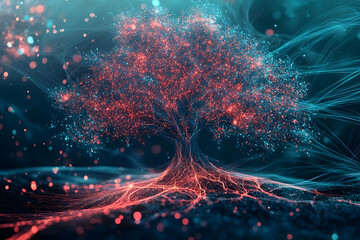 Interconnected growth strategies depicted through a digital tree with vivid branching lines