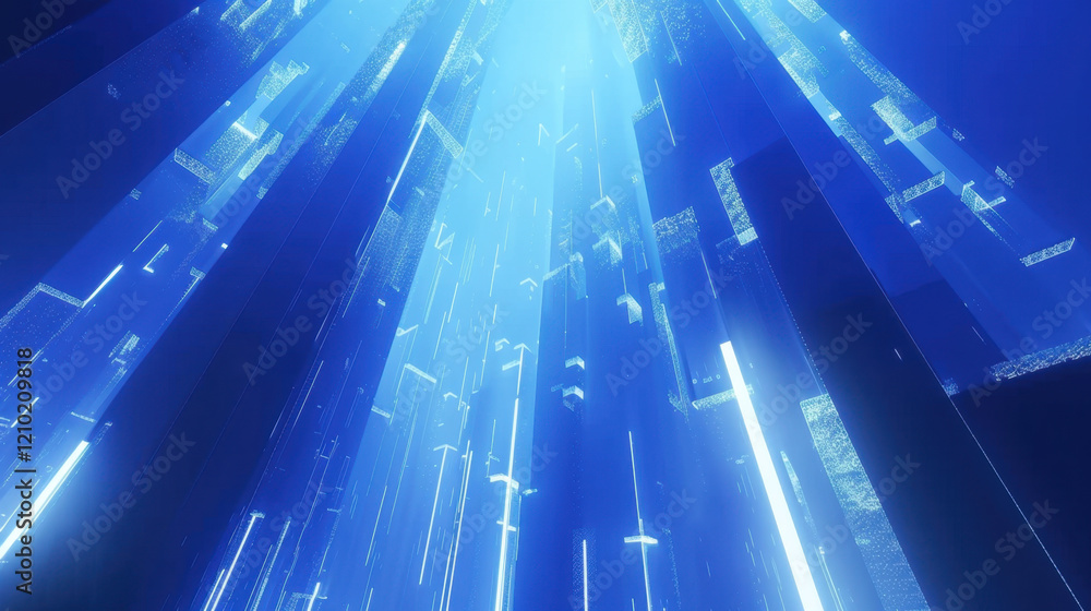 Poster mesmerizing blue abstract scene with vertical light beams and geometric shapes creating futuristic a