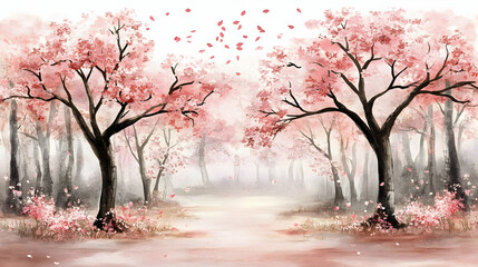 Pink blossoms falling, misty forest path, spring scene, digital art, wall art