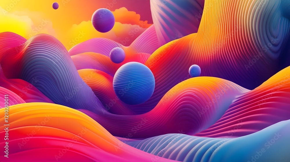 Poster captivating surreal landscape with vibrant colorful gradient backgrounds whimsical floating elements
