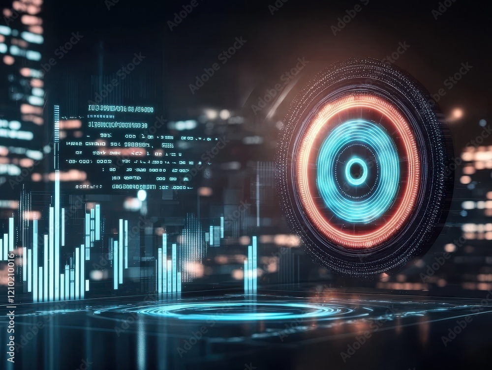Poster a futuristic digital landscape featuring glowing data visualizations and circular interfaces against