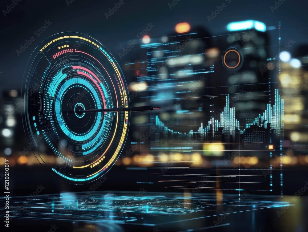 Poster a futuristic digital display with data visualizations and graphs, set against a blurred city skyline