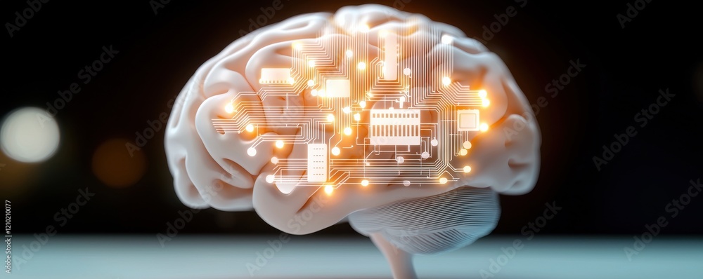 Poster a digitally enhanced brain with glowing circuits symbolizes the intersection of neuroscience and tec