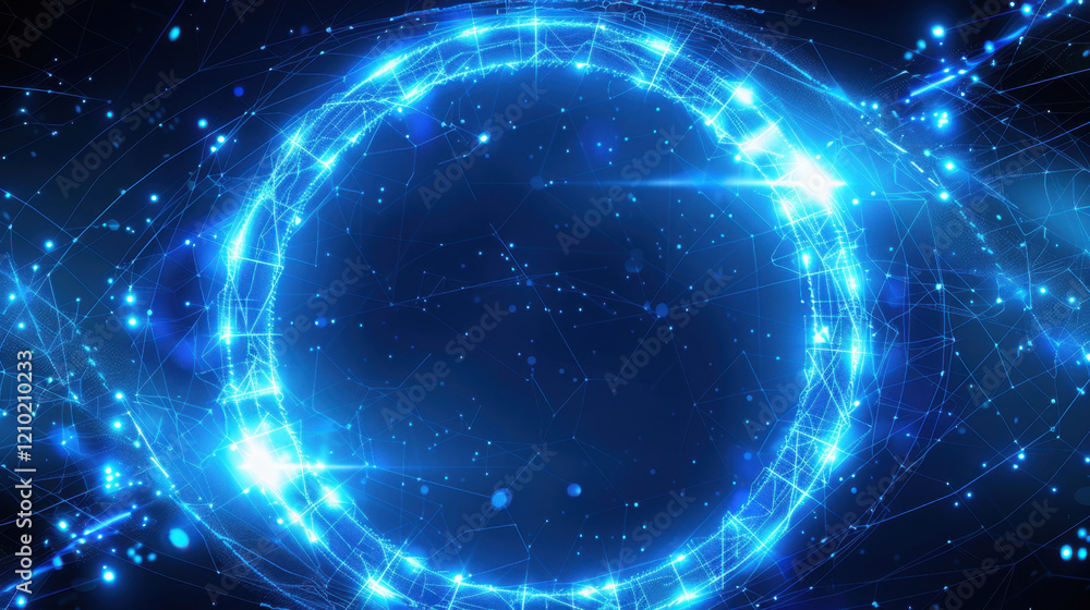 Poster glowing blue circular pattern with intricate lines and particles, creating futuristic and digital at