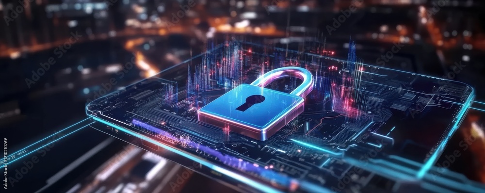 Poster a digital lock hovering over a circuit board, symbolizing cybersecurity and data protection in a fut