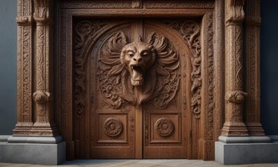 Ancient wooden doorframe with an intricate carving of a mystical creature, carvings, wooden doorframe