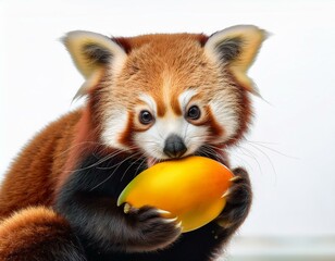 Obraz premium Roter Panda mit Mango – Charmantes Tier mit exotischer Frucht auf weißem Hintergrund