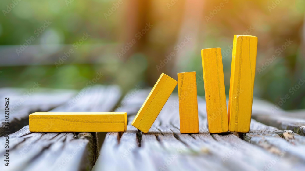 Poster building blocks arranged in growth pattern on wooden surface, symbolizing progress and development. 