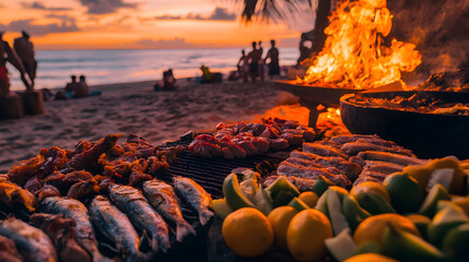 Barbecue on the beach with exotic food, sunset, and people in a tropical island background