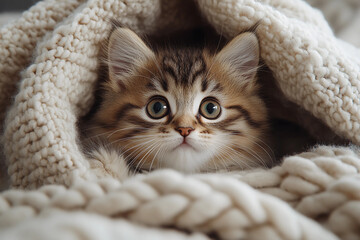 Naklejka premium Playful Kitten Curiosity: A Fluffy Adventure Within a Cozy Blanket Fort