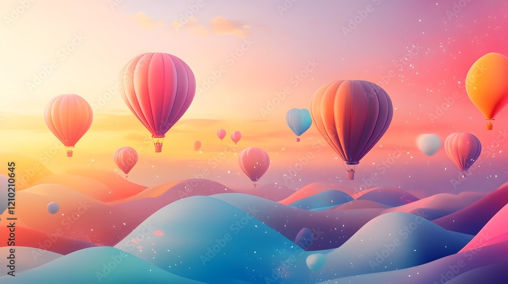 Poster enchanting scene of colorful floating air balloons with vibrant dynamic gradients whimsical bright t