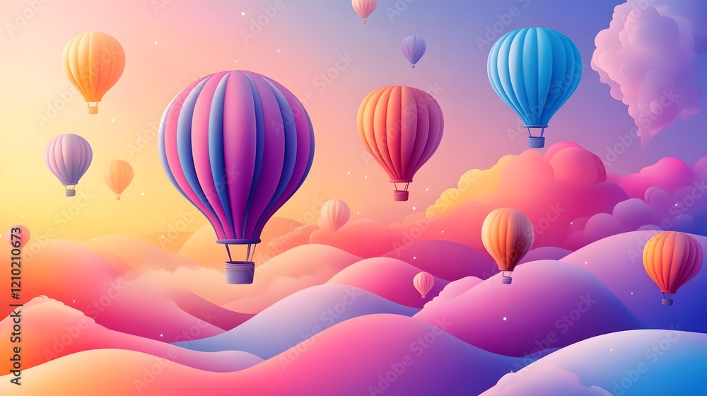 Poster whimsical floating air balloons of various sizes and bright colors drift through a dreamy landscape 