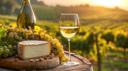 Emmental Cheese and Chardonnay Wine with Grapes at Sunset Vineyard