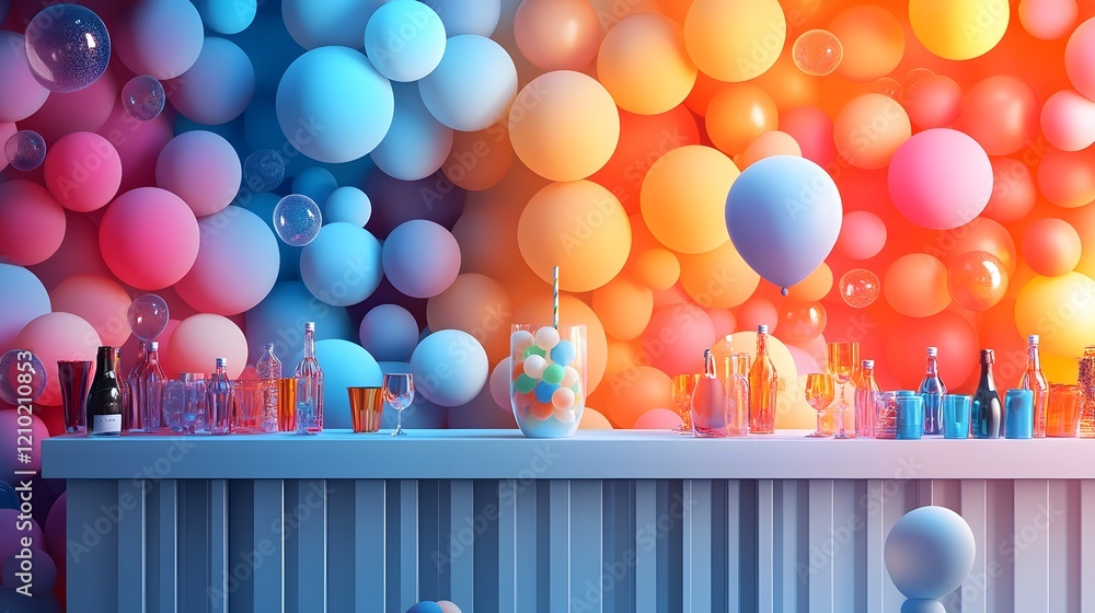 Poster gradient filled air balloons floating dynamically in a bright and cheerful party scene with a whimsi