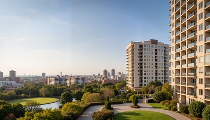 Modern residential towers overlooking urban park, vibrant city living