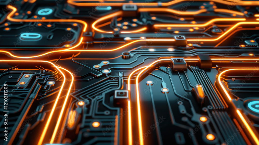 Aufkleber close up of circuit board with glowing orange lines and intricate patterns, showcasing technology an