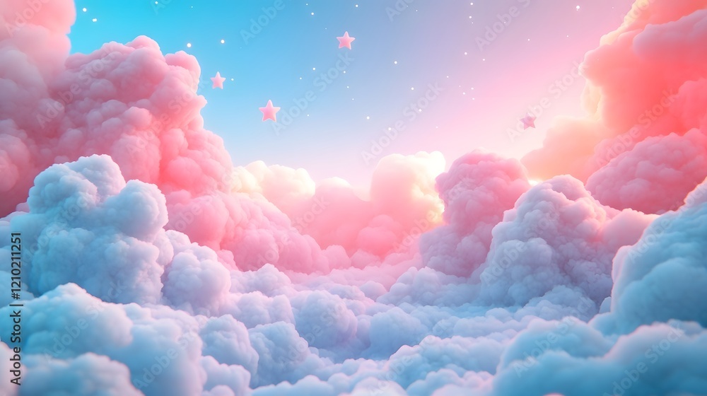 Wall mural soft whimsical pastel clouds and glowing stars create a serene ethereal atmosphere in this imaginati