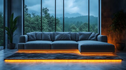 Obraz premium Dark modern living room showcasing a blank picture frame, ambient lighting, no green plants, realistic 8K resolution,
