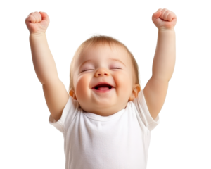 Happy baby with raised arms celebrating joyfully, isolated on transparency background. This adorable child expresses pure delight and excitement, capturing moment of pure happiness