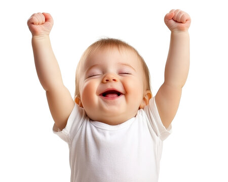 Happy baby with raised arms celebrating joyfully, isolated on transparency background. This adorable child expresses pure delight and excitement, capturing moment of pure happiness
