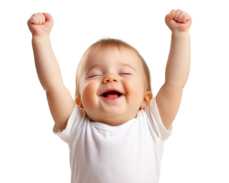 Happy baby with raised arms celebrating joyfully, isolated on transparency background. This adorable child expresses pure delight and excitement, capturing moment of pure happiness