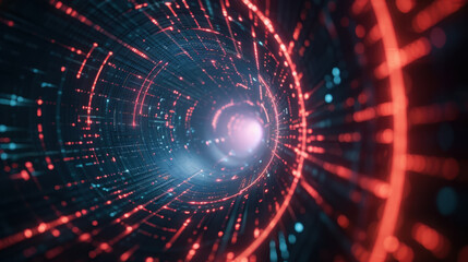 Obraz premium mesmerizing digital tunnel with glowing red and blue particles swirling around, creating sense of depth and motion. vibrant colors evoke futuristic atmosphere