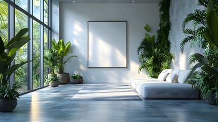 Fototapeta premium Empty frame in a minimalistic white interior, clean design, no green plants, bright lighting, realistic 8K resolution,