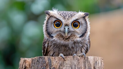 Spectacled owl perched on stump, nature background, wildlife photography for educational use