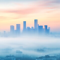 Fototapeta premium pm 2.5 pollution weather Misty skyline of a city at dawn, with skyscrapers emerging through fog and a soft pastel sky.