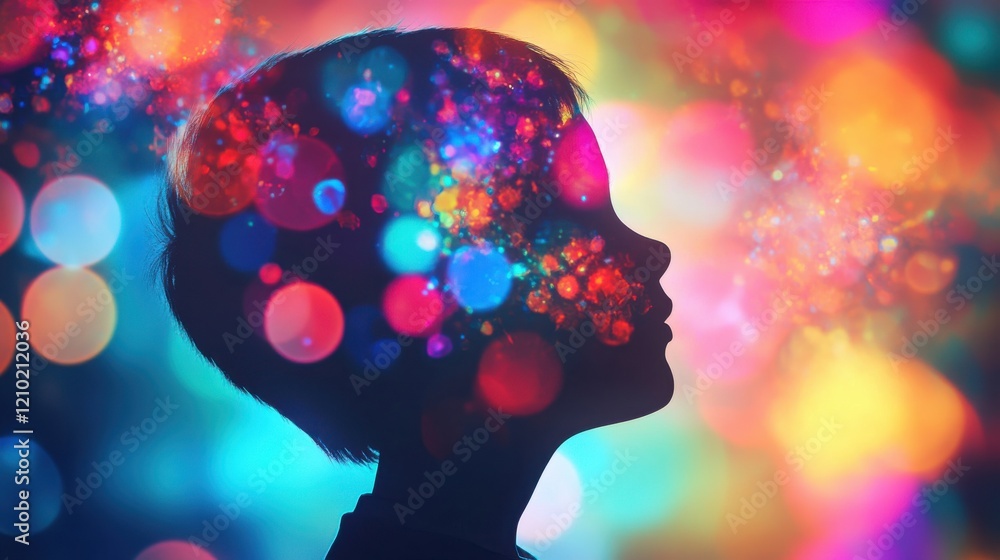 Aufkleber Exploration of imagination represented through a child's silhouette filled with vibrant colors and abstract lights