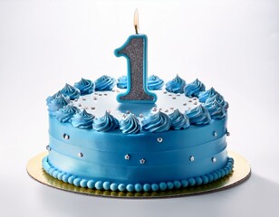 Decorated blue cake for birthday or anniversary party, candle number 1, white background