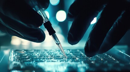 Scientist pipetting liquid sample into micro well plate for biotechnology research in laboratory 