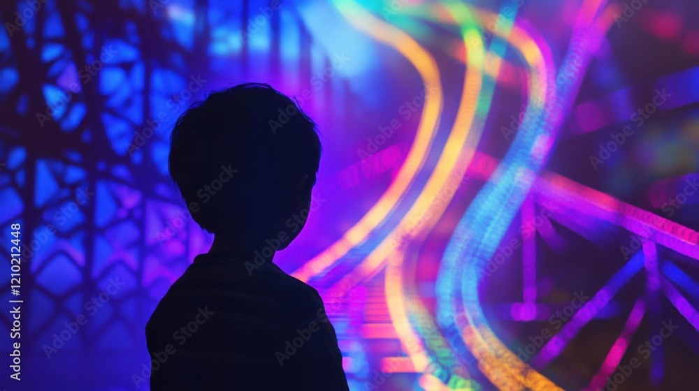 Poster vibrant visualization of a glowing child enjoying colorful light patterns in a whimsical environment