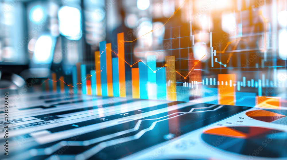 Poster colorful data visualization with bar graphs and line charts representing financial trends and statis