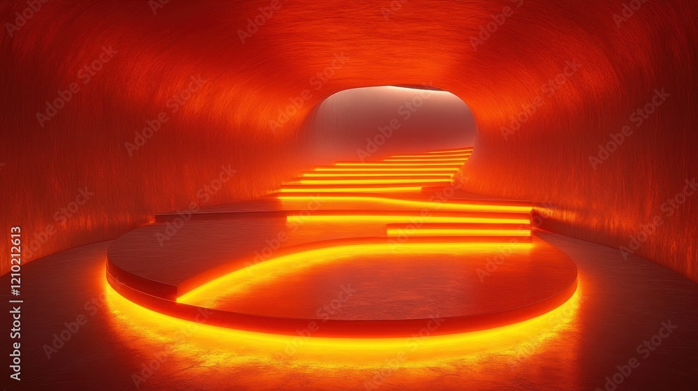 Poster a futuristic, illuminated tunnel with glowing steps and a circular platform.