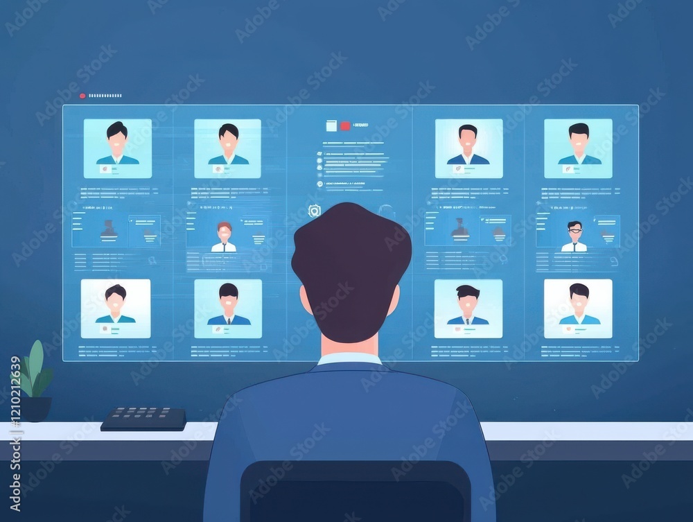 Poster a person analyzes multiple profiles displayed on a large screen, featuring various pictures and data