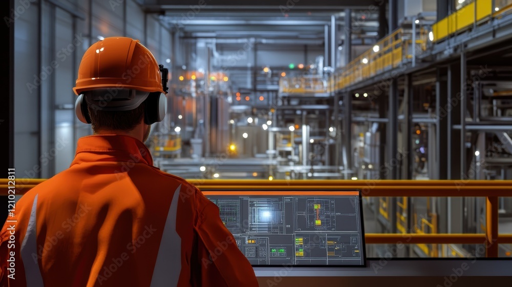 Poster industrial engineer wearing protective workwear operating computer in factory control room, monitori