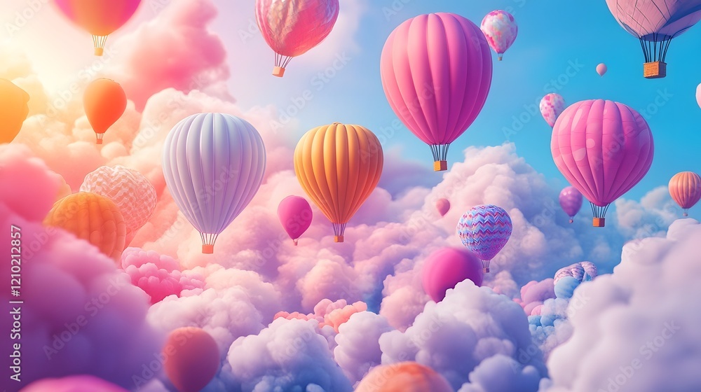 Poster cheerful hot air balloons floating in a bright party scene with vibrant gradients whimsical patterns