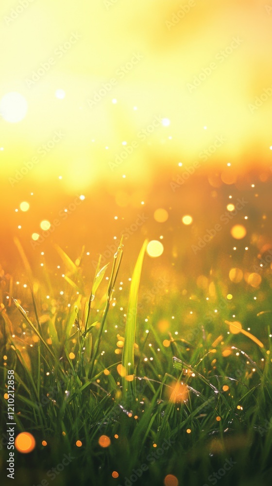 Poster lush green grass illuminated by warm sunlight creating a tranquil summer atmosphere