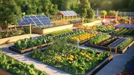 Vibrant community garden features solar power with diverse plants thriving in sunlight