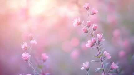 Obraz premium Delicate pink flowers bloom in soft sunlight during a serene spring evening