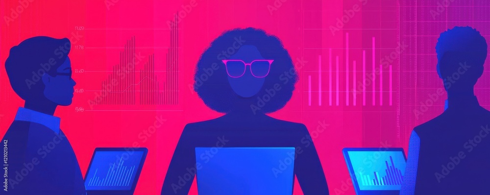 Poster a vibrant digital illustration featuring diverse individuals analyzing data on laptops against a col