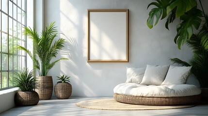Modern white room showcasing an empty frame on the wall, minimal style, no green plants, realistic 8K resolution,