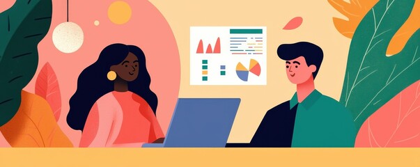 A vibrant illustration of two professionals discussing data insights in an engaging office environment, featuring a laptop and colorful charts.