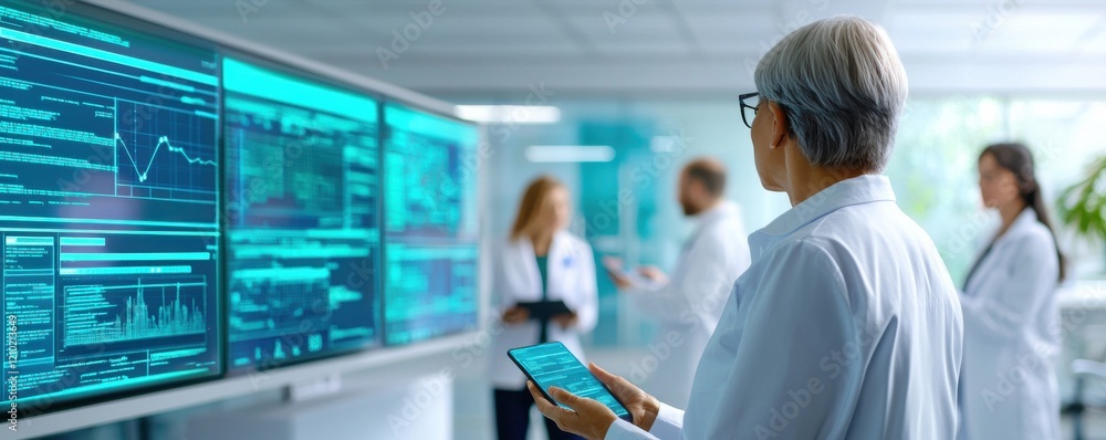 Poster a healthcare professional analyzes data on large screens, surrounded by colleagues in a modern, tech