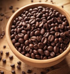 Aromatic coffee beans in a wooden bowl under warm light, soft focus, aromatic coffee beans, comfortable decor
